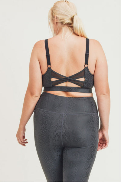 2598 Regular & Plus Black Mamba Snake Foil Print Criss-Cross Back Sports Bra