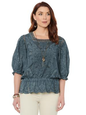 B34805MFR Janet 3/4 Bonnet Sleeve Peplum Crochet Top