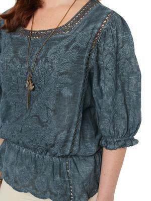 B34805MFR Janet 3/4 Bonnet Sleeve Peplum Crochet Top