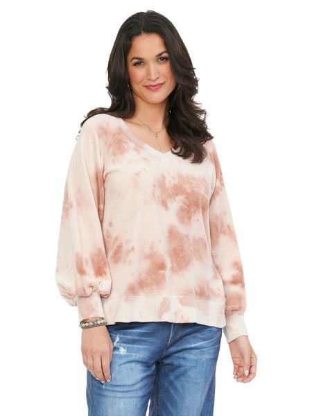 B3772QLG8 Clara Blouson Sleeve V Neck Tie Dye Velour Knit Sweatshirt by Democracy