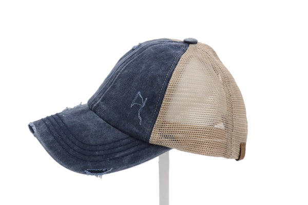 780   Julie Washed Denim Criss Cross High Pony CC Ball Cap BT780