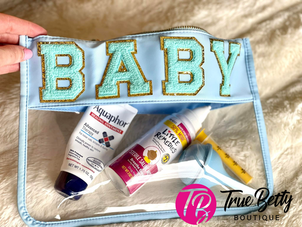 22864 Bolsa de viaje de plástico transparente azul celeste con letras de chenilla