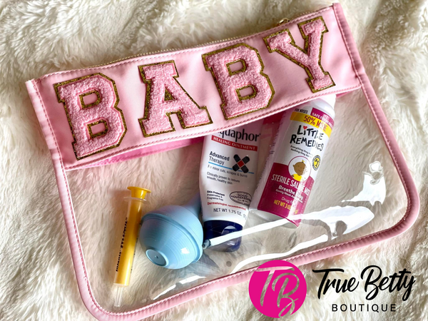 22863 Chenille Letter Baby Pink Clear Plastic Travel Pouch