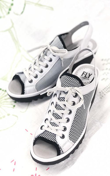 6002354 Yedu White/Black Lace-Up Wedge Leather Sandals by Fly London