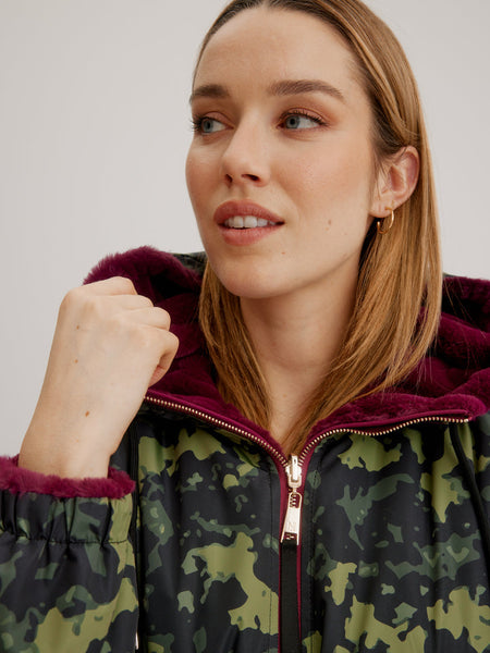 Nikki Jones Hooded Reversible Faux Fur Jacket Desert Camo