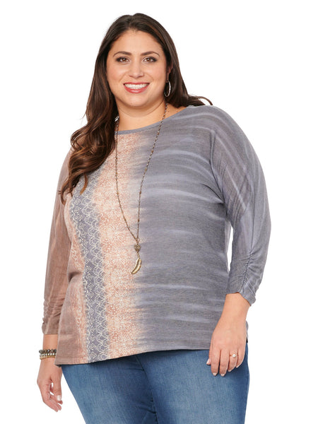 WA737638E Geraldine Ruched 3/4 Sleeve Asymmetrical Hem Plus Top by Democracy