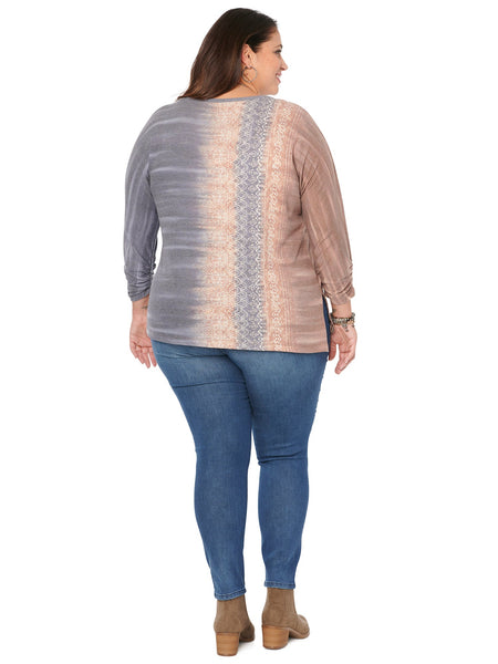 WA737638E Geraldine Ruched 3/4 Sleeve Asymmetrical Hem Plus Top by Democracy