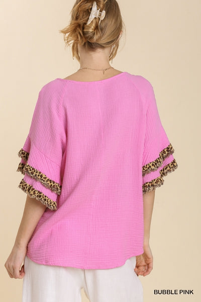 Wendy Cotton Gauze Layered Animal Print Ruffle Sleeve Top - Reg & Plus!