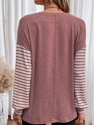 Brenda Round Neck Striped Long Sleeve Slit T-Shirt - ONLINE EXCLUSIVE!