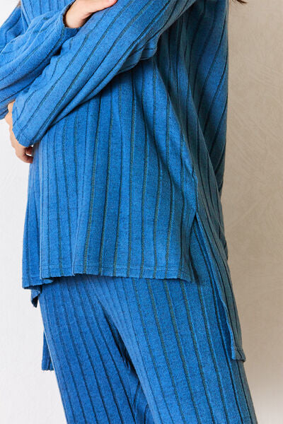 Anny Ribbed Round Neck High-Low Slit Top and Pants Set