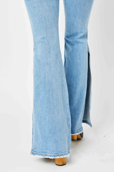 Taylor Mid Rise Raw Hem Slit Flare Judy Blue Jeans