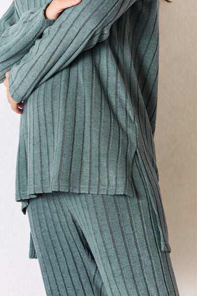 Anny Ribbed Round Neck High-Low Slit Top and Pants Set