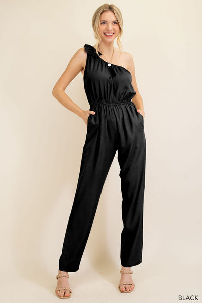 5932 Melinda Mono negro con un hombro al descubierto y lazo