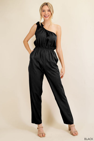 5932 Melinda Mono negro con un hombro al descubierto y lazo