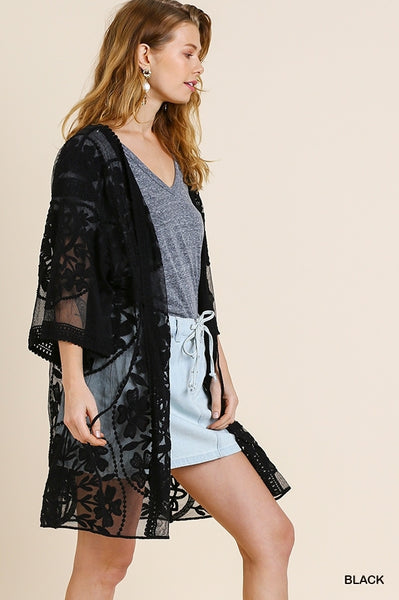 1136 ReeAnn Floral Lace Kimono w/ Waist Tie - Reg & Plus