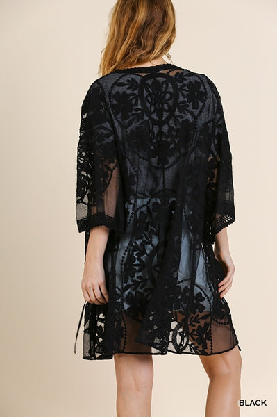 1136 ReeAnn Floral Lace Kimono w/ Waist Tie - Reg & Plus