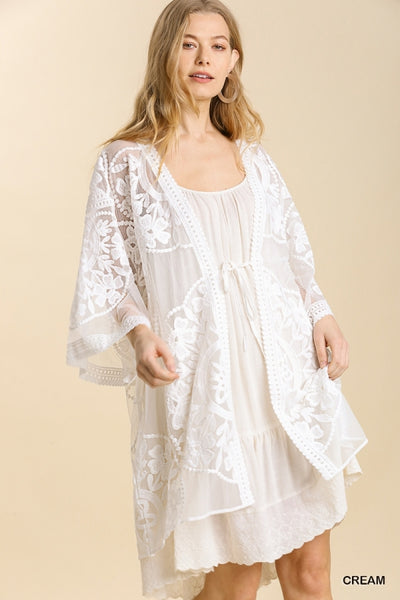 1136 ReeAnn Floral Lace Kimono w/ Waist Tie - Reg & Plus