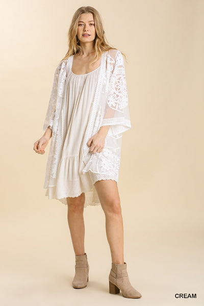 1136 ReeAnn Floral Lace Kimono w/ Waist Tie - Reg & Plus