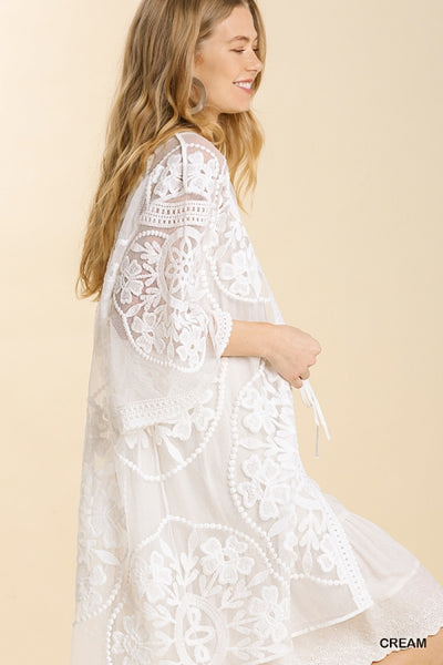 1136 ReeAnn Floral Lace Kimono w/ Waist Tie - Reg & Plus