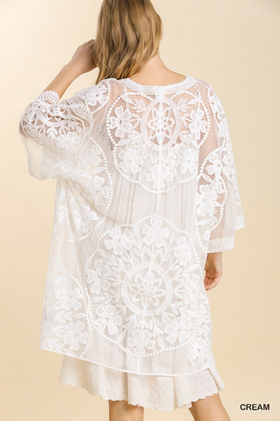 1136 ReeAnn Floral Lace Kimono w/ Waist Tie - Reg & Plus