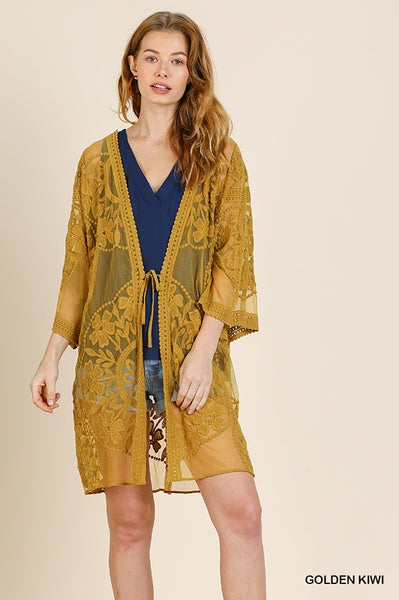 1136 ReeAnn Floral Lace Kimono w/ Waist Tie - Reg & Plus