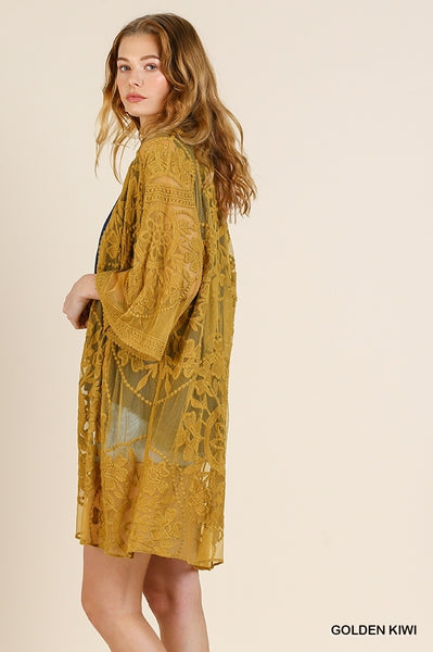 1136 ReeAnn Floral Lace Kimono w/ Waist Tie - Reg & Plus