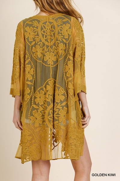 1136 ReeAnn Floral Lace Kimono w/ Waist Tie - Reg & Plus