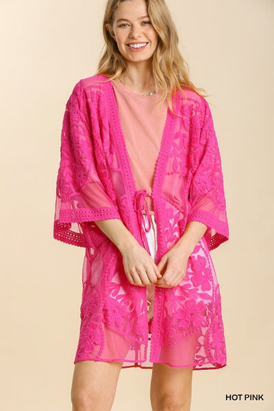 1136 ReeAnn Floral Lace Kimono w/ Waist Tie - Reg & Plus