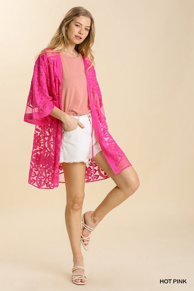 1136 ReeAnn Floral Lace Kimono w/ Waist Tie - Reg & Plus