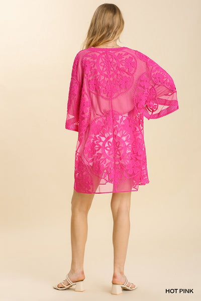 1136 ReeAnn Floral Lace Kimono w/ Waist Tie - Reg & Plus