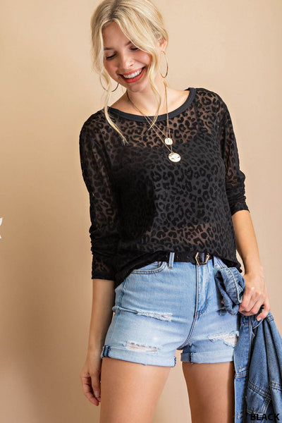 6163 India Top de malla transparente de manga larga de terciopelo desgastado con estampado animal