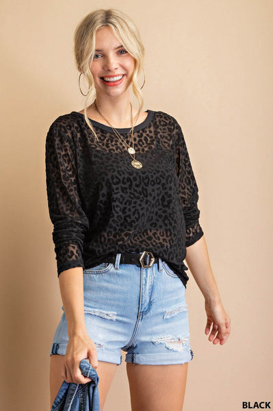 6163 India Top de malla transparente de manga larga de terciopelo desgastado con estampado animal