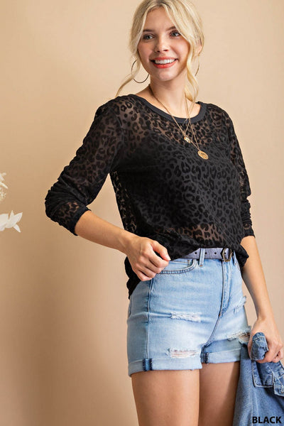 6163 India Top de malla transparente de manga larga de terciopelo desgastado con estampado animal