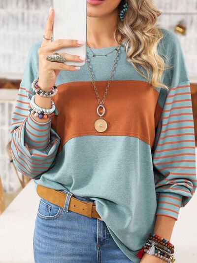 Brenda Round Neck Striped Long Sleeve Slit T-Shirt - ONLINE EXCLUSIVE!