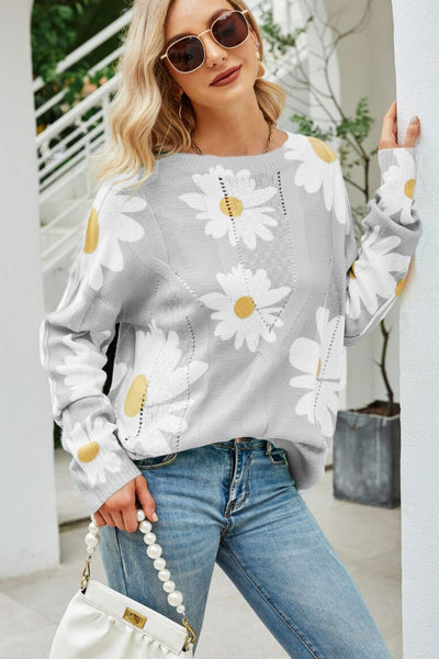 Daisy Print Openwork Round Neck Sweater - ONLINE EXCLUSIVE!