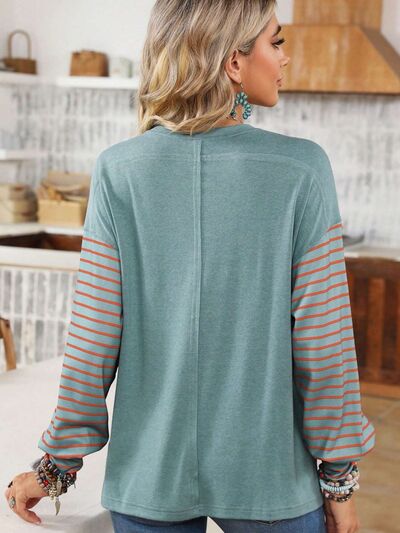 Brenda Round Neck Striped Long Sleeve Slit T-Shirt - ONLINE EXCLUSIVE!