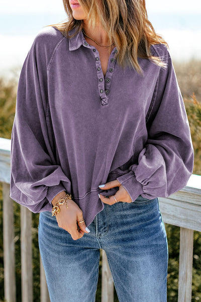 Deandra Quarter-Snap Collared Lantern Sleeve Sweatshirt