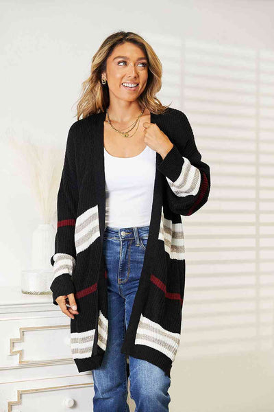Reno Striped Rib-Knit Drop Shoulder Open Front Cardigan - ONLINE EXCLUSIVE!