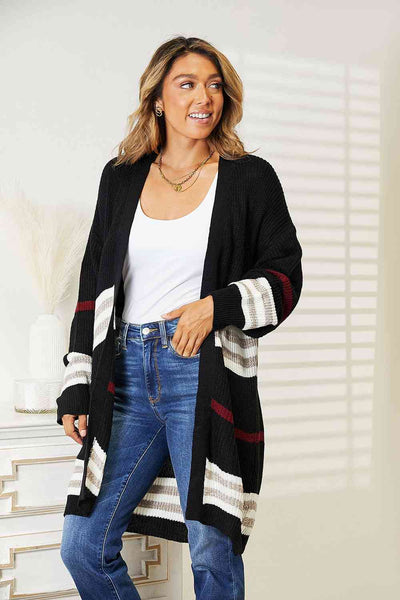 Reno Striped Rib-Knit Drop Shoulder Open Front Cardigan - ONLINE EXCLUSIVE!