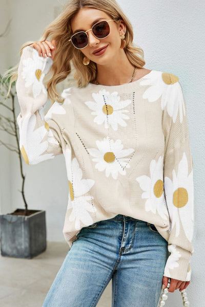Daisy Print Openwork Round Neck Sweater - ONLINE EXCLUSIVE!