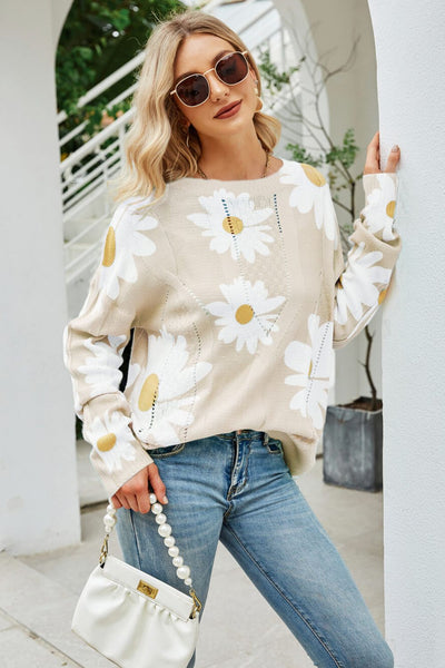 Daisy Print Openwork Round Neck Sweater - ONLINE EXCLUSIVE!