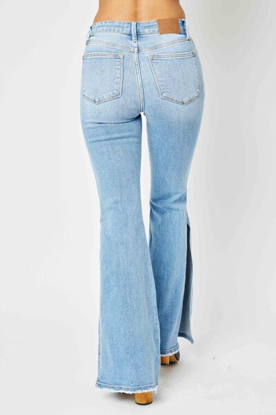 Taylor Mid Rise Raw Hem Slit Flare Judy Blue Jeans
