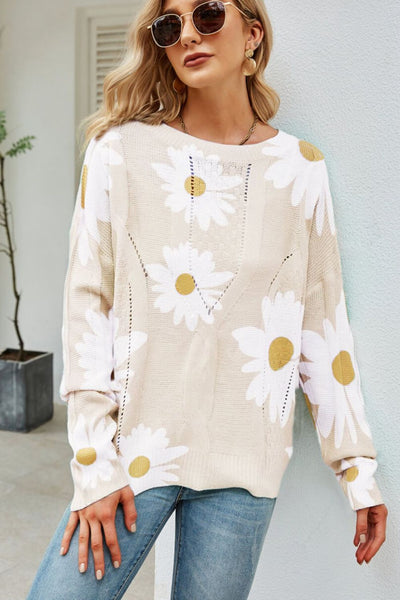 Daisy Print Openwork Round Neck Sweater - ONLINE EXCLUSIVE!
