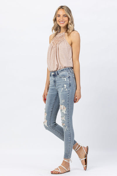 Cheryl Lace Patch Mid-Rise Skinny Judy Blue Jeans
