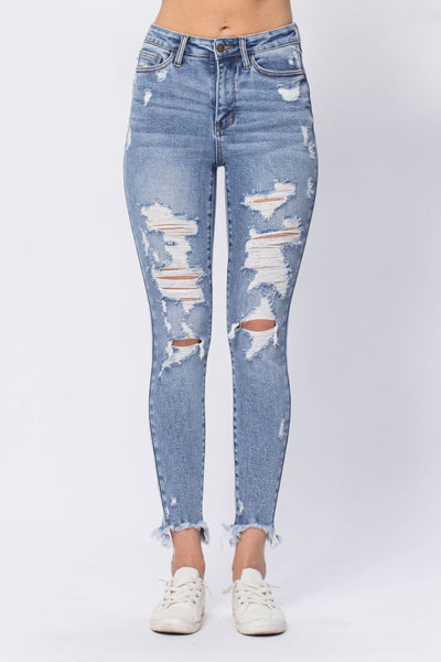 88390   Rianna Hi-Rise Destroyed Shark Bite Skinny Jeans by Judy Blue Jeans
