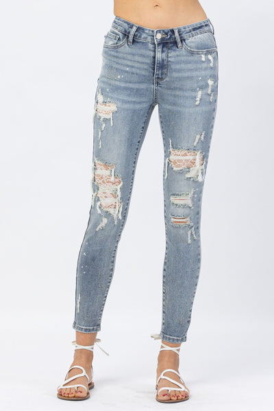 Cheryl Lace Patch Mid-Rise Skinny Judy Blue Jeans