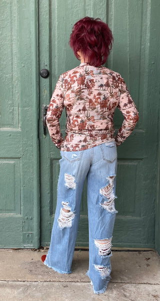 Aggie Cowboy Western Print Mesh Top