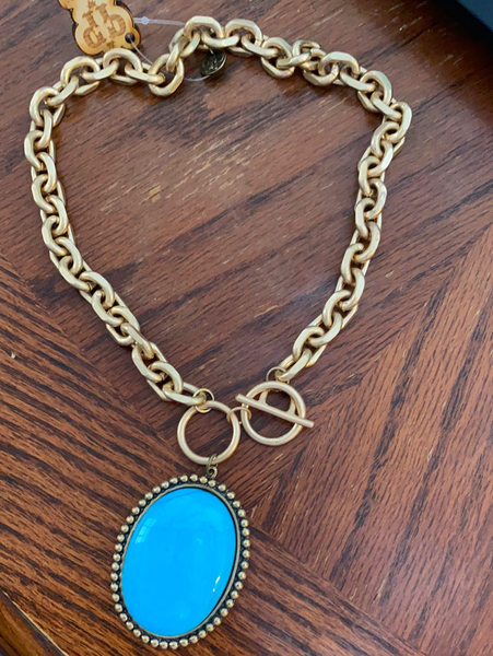 1N380BTC Large Bronze Oval Turquoise Cabochon Necklace