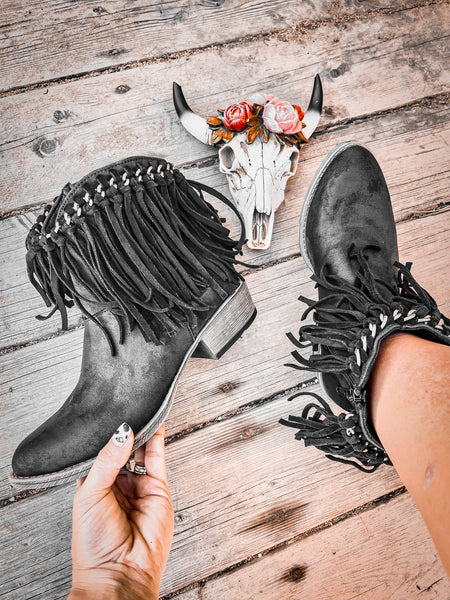 Very G Women's Juno Black with Chain and Fringe Accents Round Toe Booties