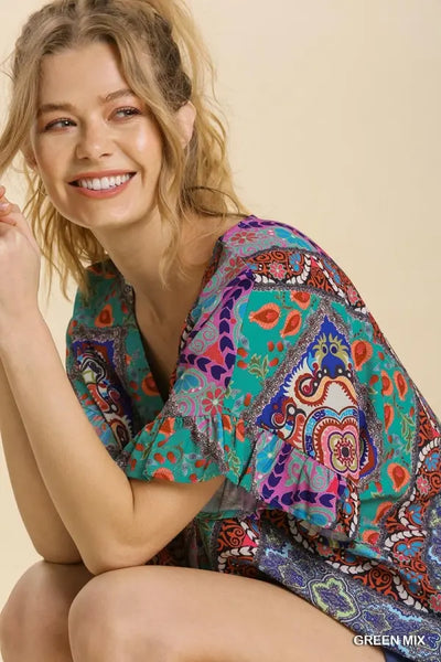 0083 Amara Mixed Print Ruffle Sleeve Top - Reg & Plus!